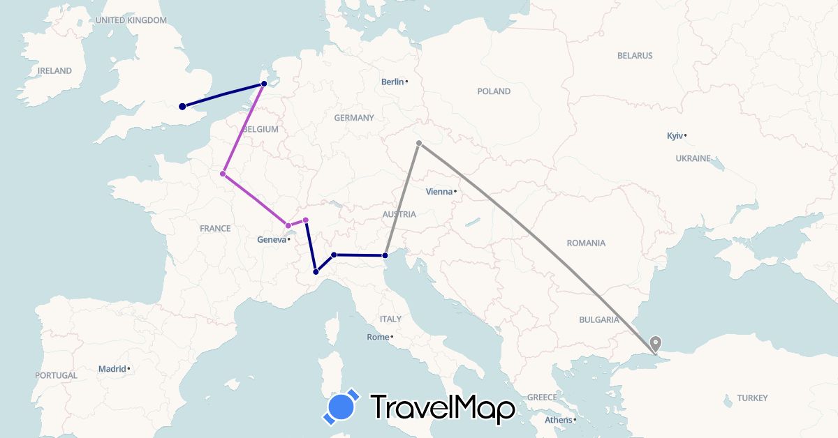 TravelMap itinerary: driving, plane, train in Switzerland, Czech Republic, France, United Kingdom, Italy, Netherlands, Turkey (Asia, Europe)
